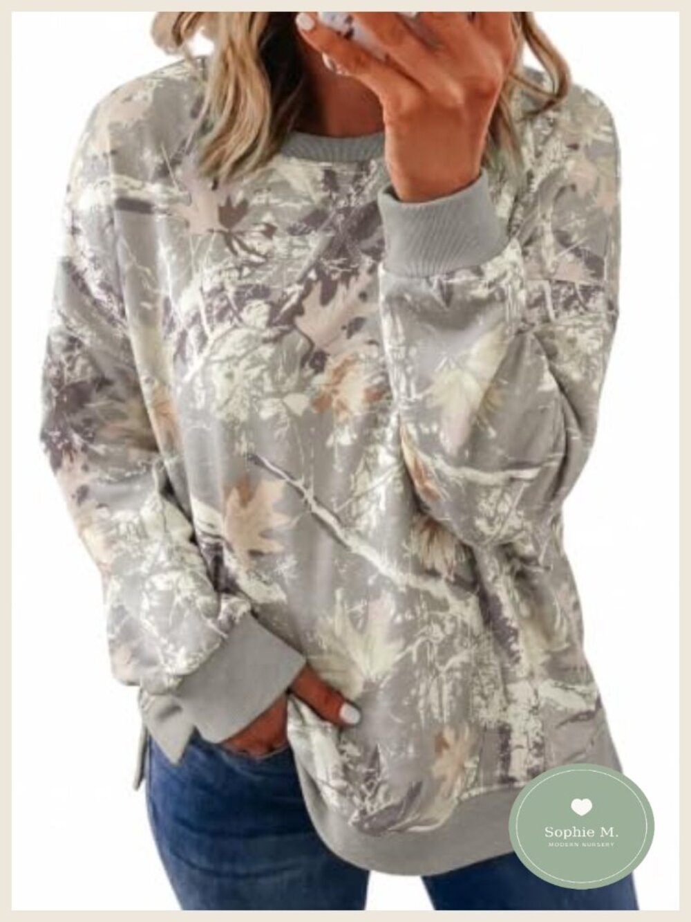 Women's Camo Print Pullover Sweatshirt Plus Size with Stitch Detailing